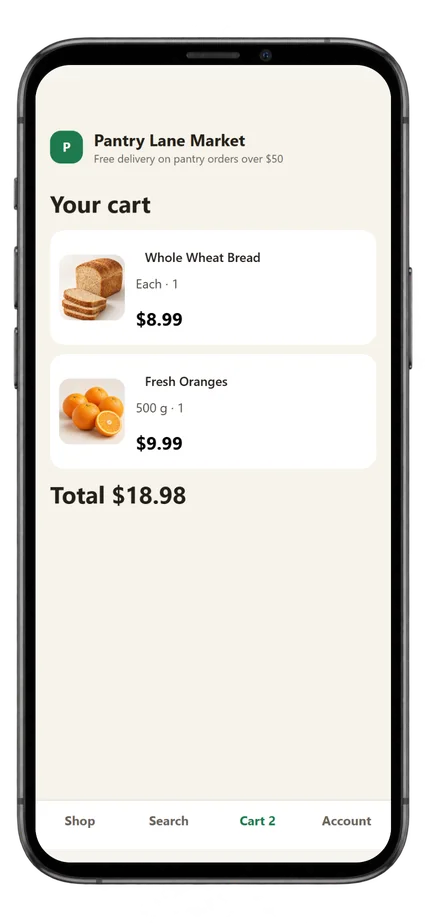 Demo store — sample products. Pantry Lane Market grocery app cart with two items and a total.