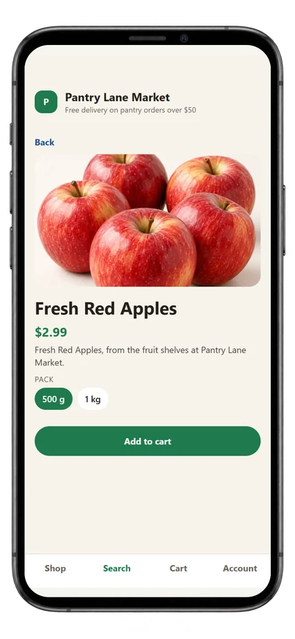Demo store — sample products. Pantry Lane Market grocery app product page with 500 g and 1 kg pack options.