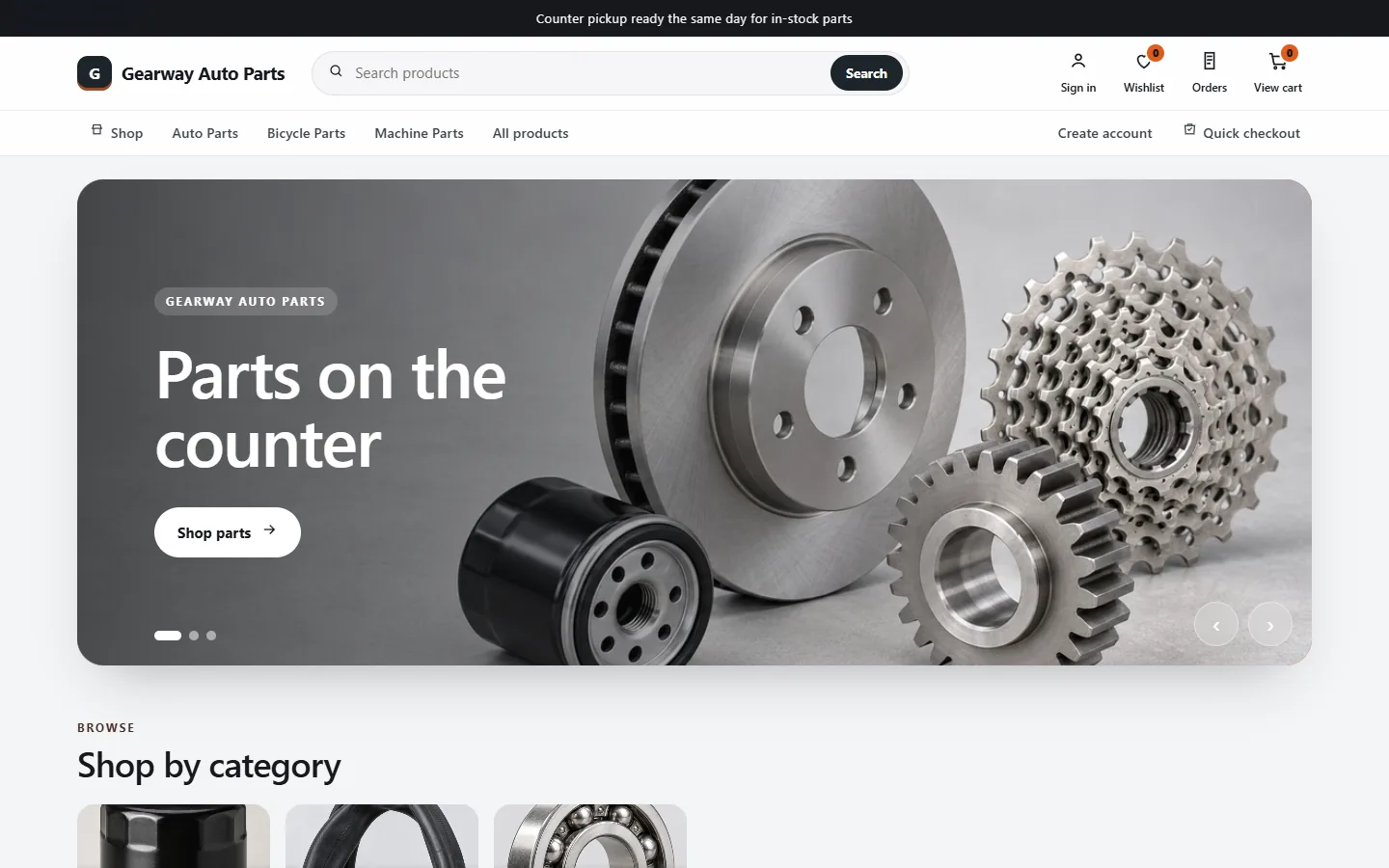 Demo store — sample products. Gearway Auto Parts template with parts categories.