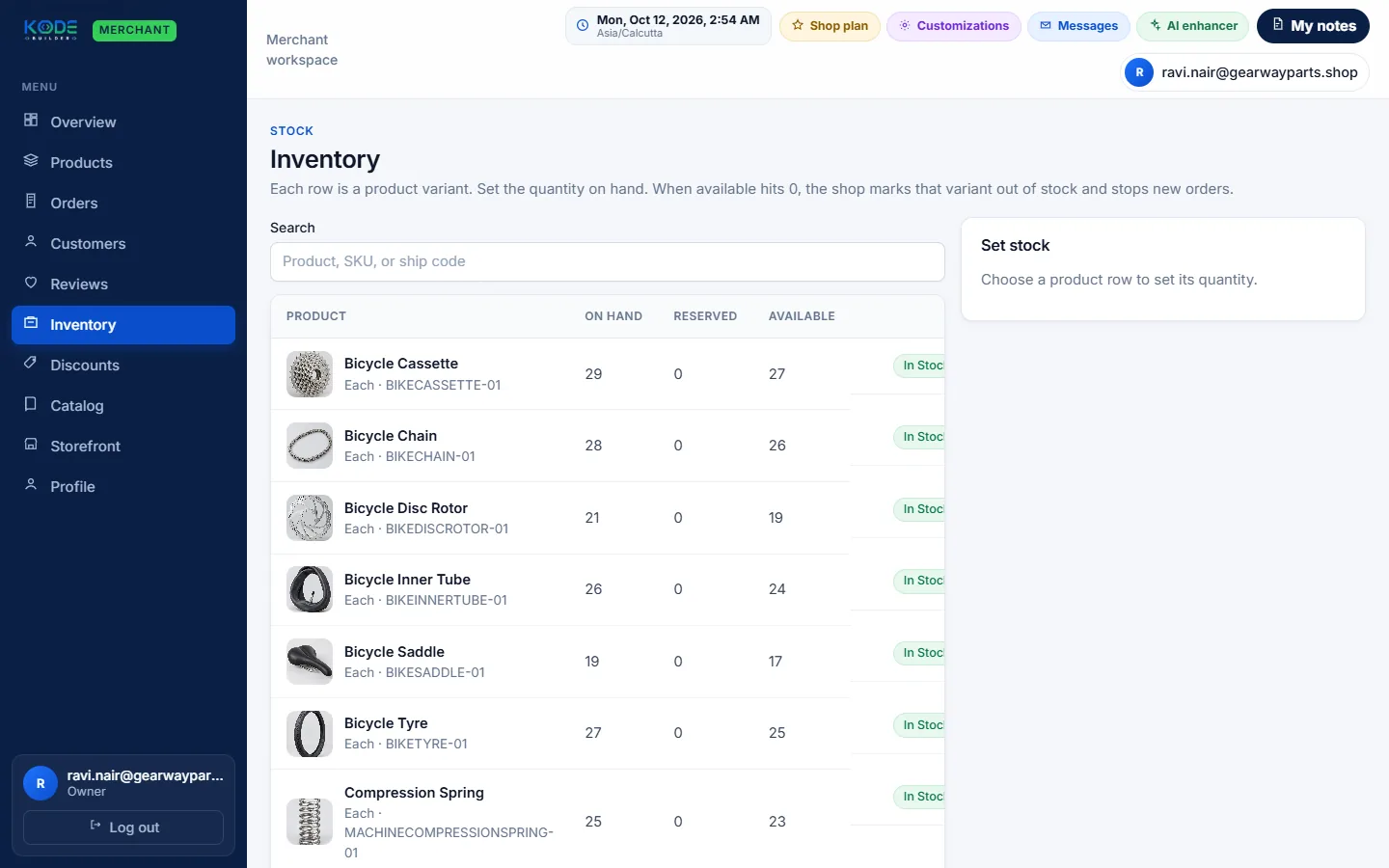 Demo store — sample products. Parts inventory with SKUs and on hand, reserved and available counts.