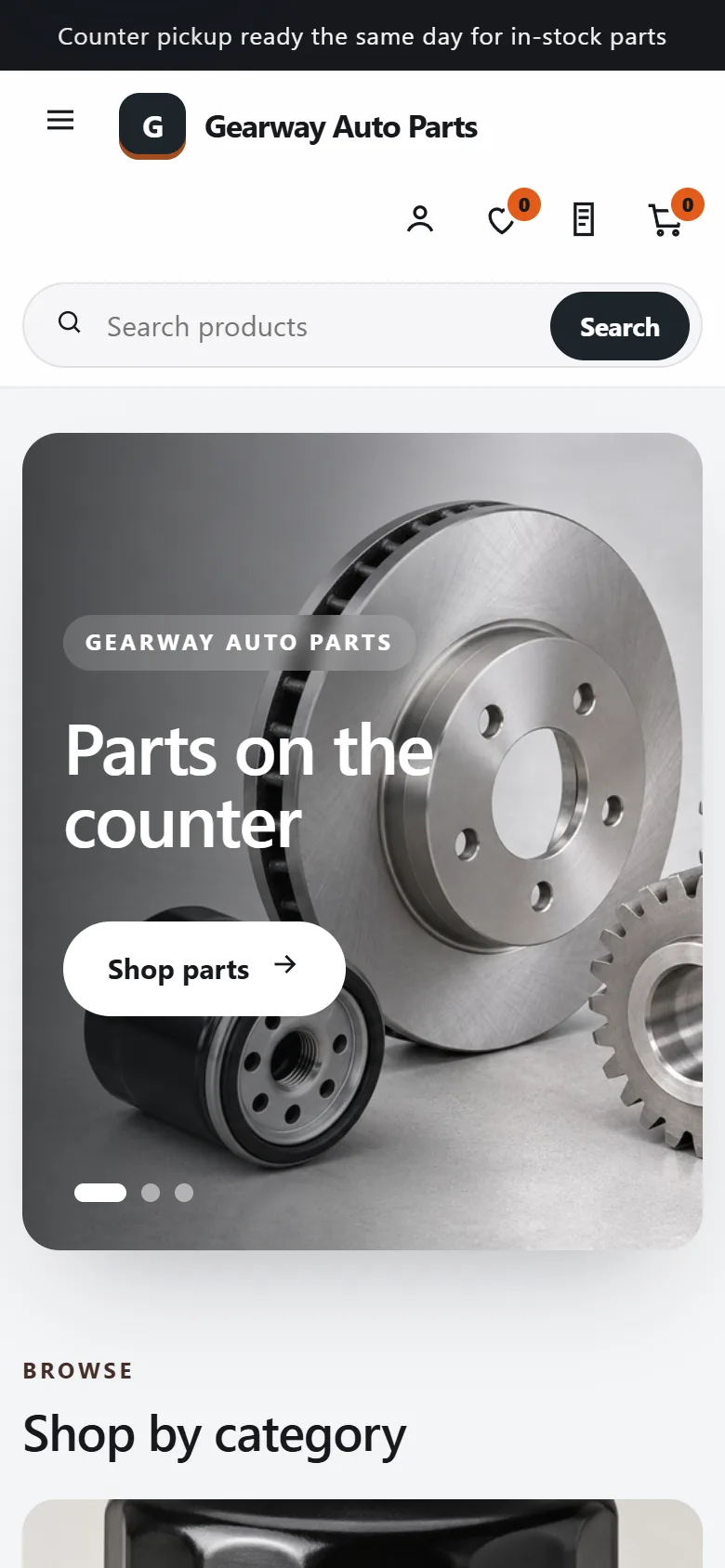 Demo store — sample products. Gearway Auto Parts in a phone-width browser.