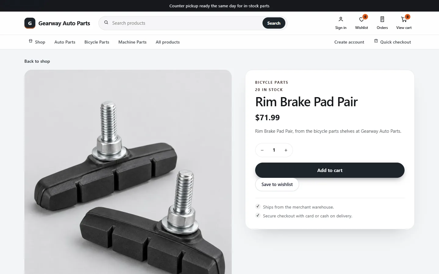 Demo store — sample products. A rim brake pad pair with a stock count, quantity stepper and wishlist.