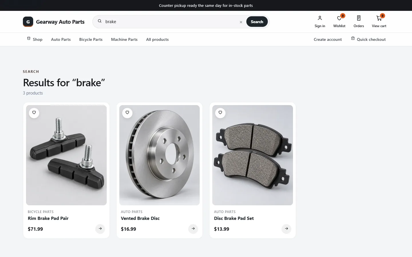 Demo store — sample products. Search results for brake, mixing a bicycle pad with auto brake parts.