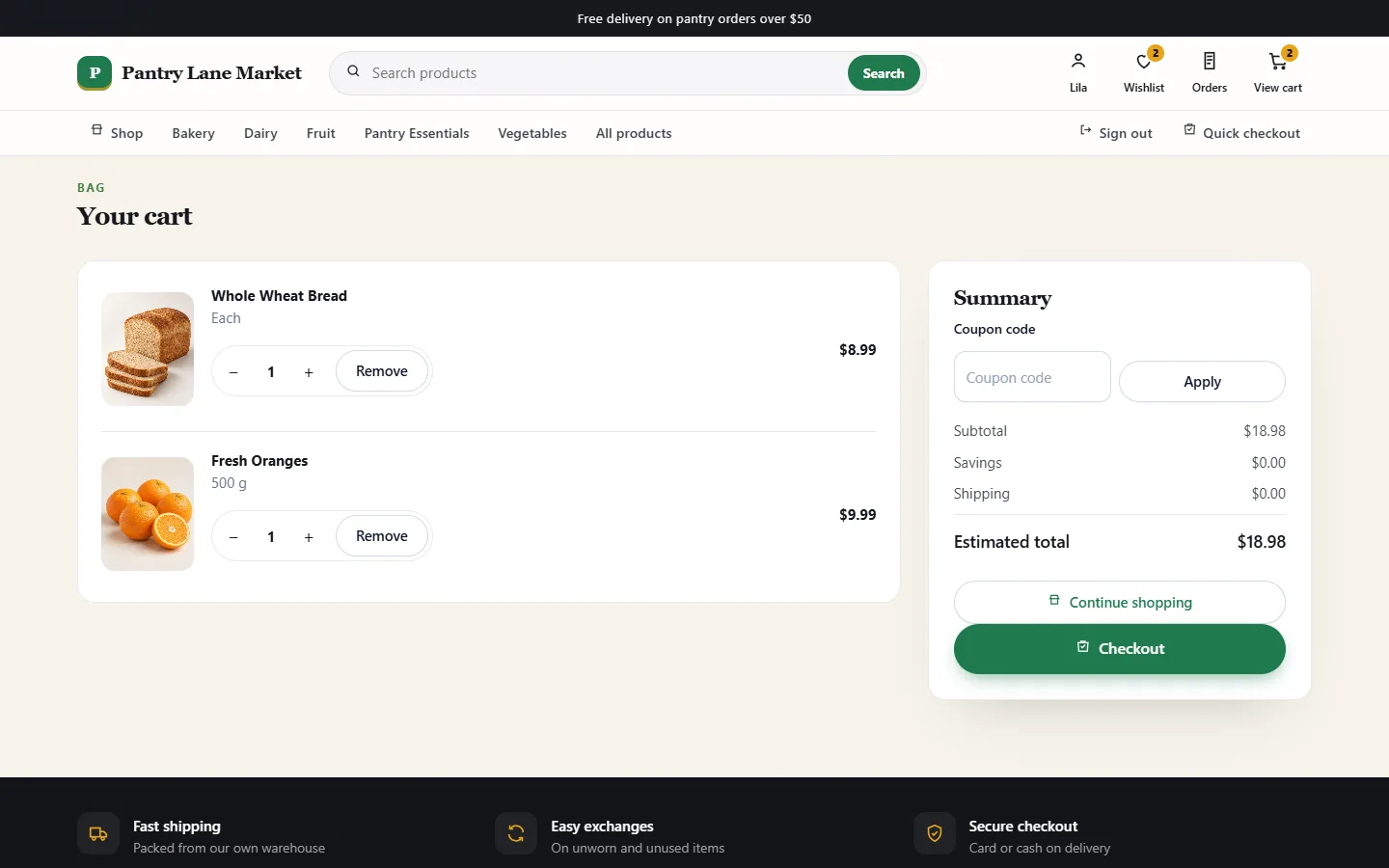 Demo store — sample products. A grocery cart with a coupon code field and checkout.