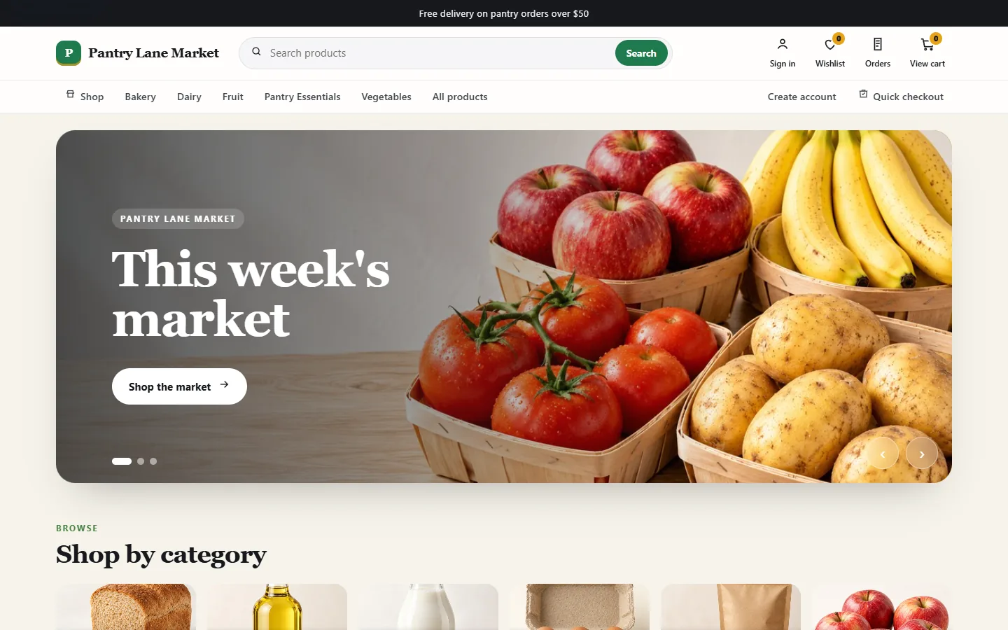 Demo store — sample products. Pantry Lane Market storefront with a search box, category links and a weekly market banner.
