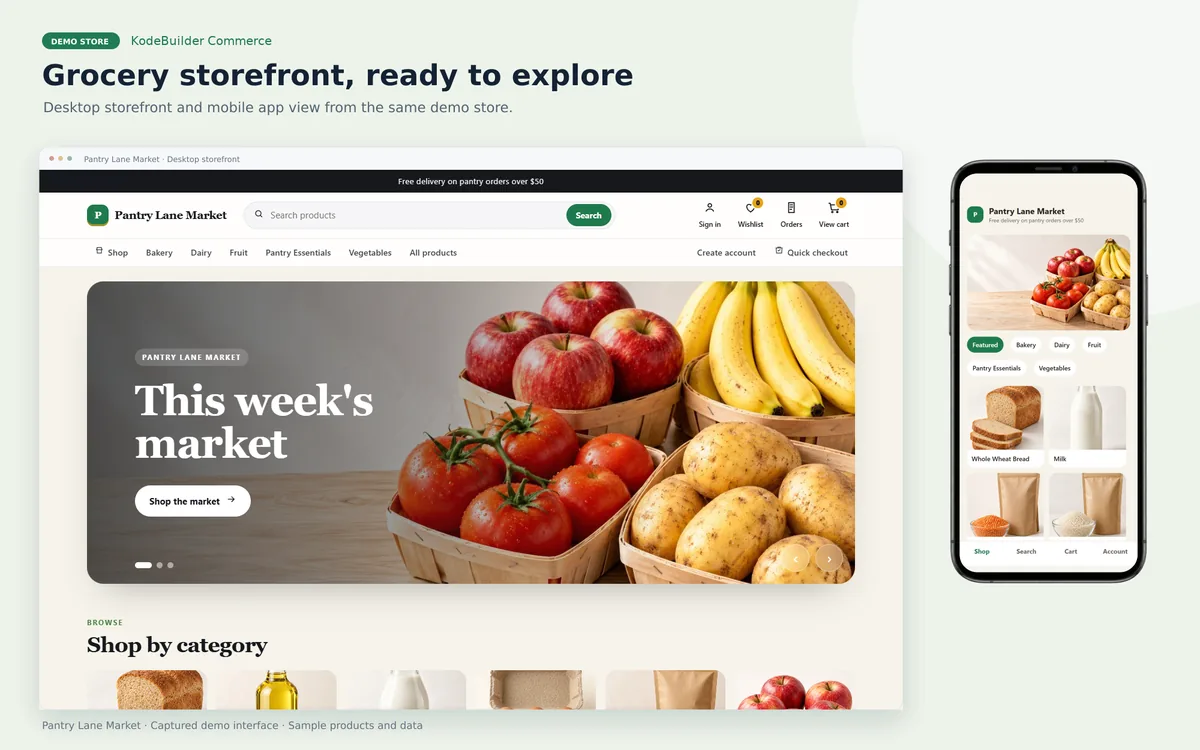 Demo store — sample products. KodeBuilder Commerce grocery store on desktop and in the mobile app.