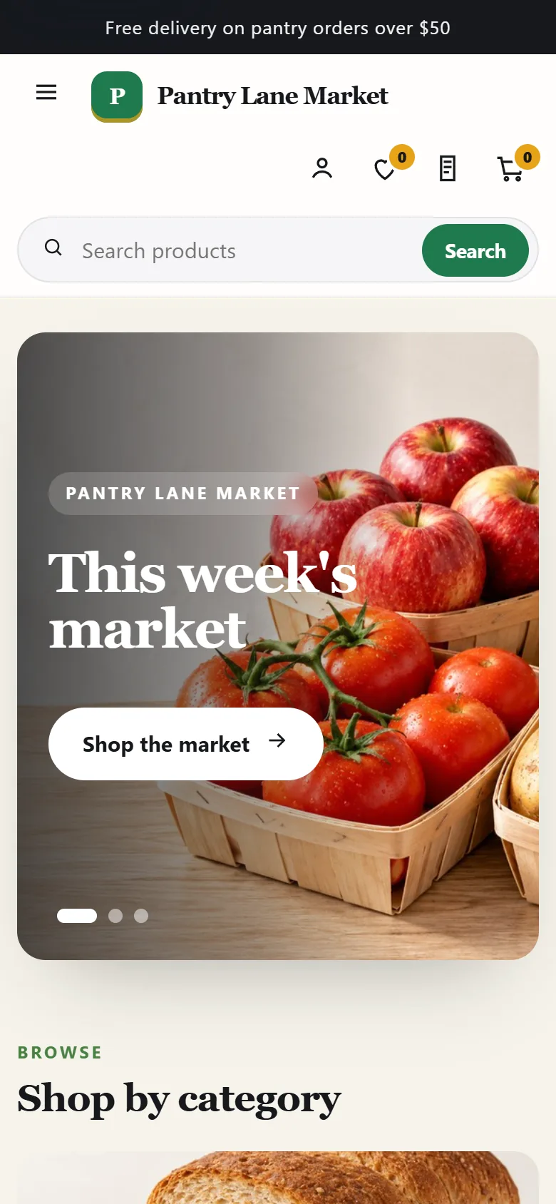 Demo store — sample products. Pantry Lane Market as it appears in a phone-width browser.