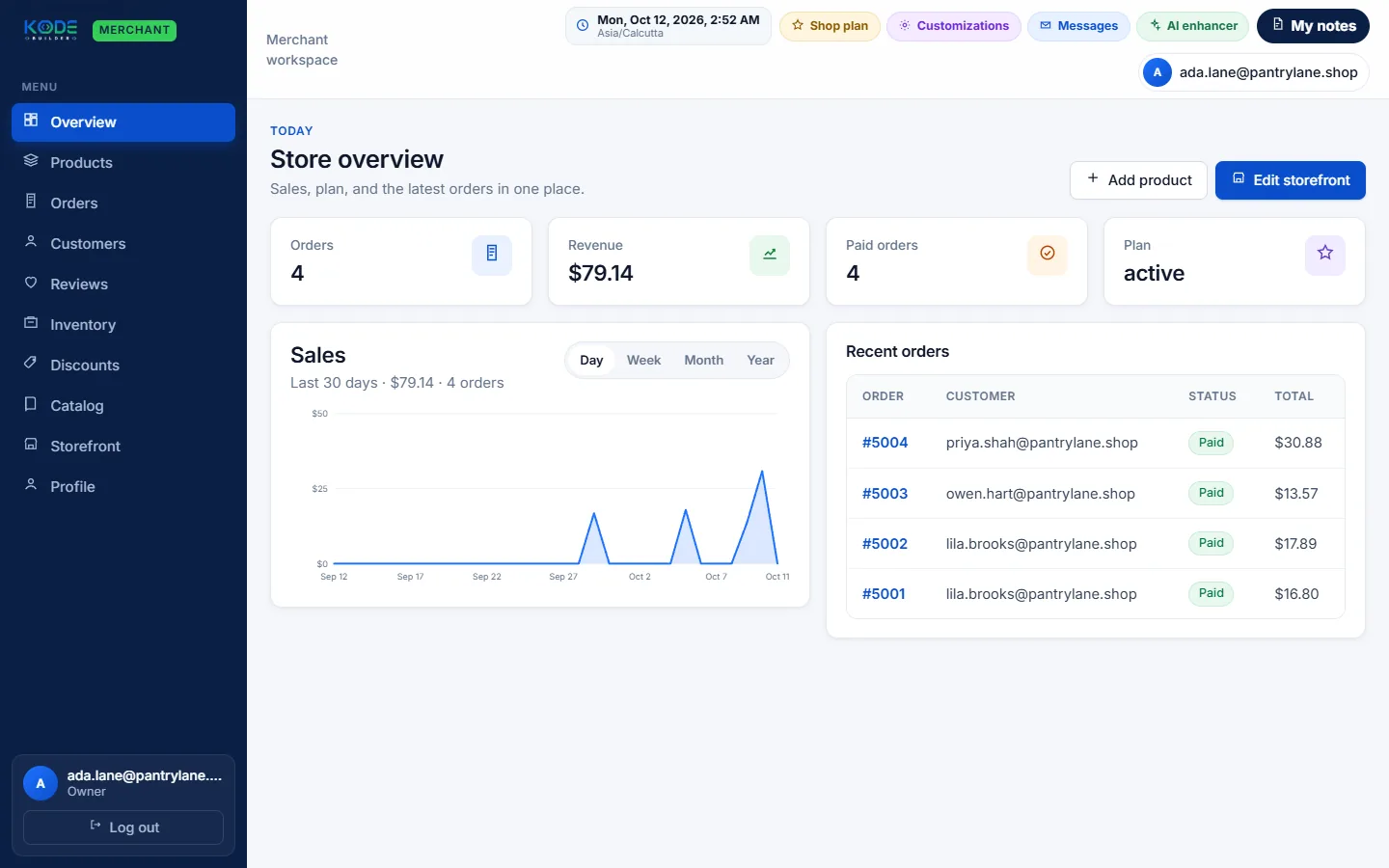 Demo store — sample products. Merchant overview with a sales chart and a recent orders list.