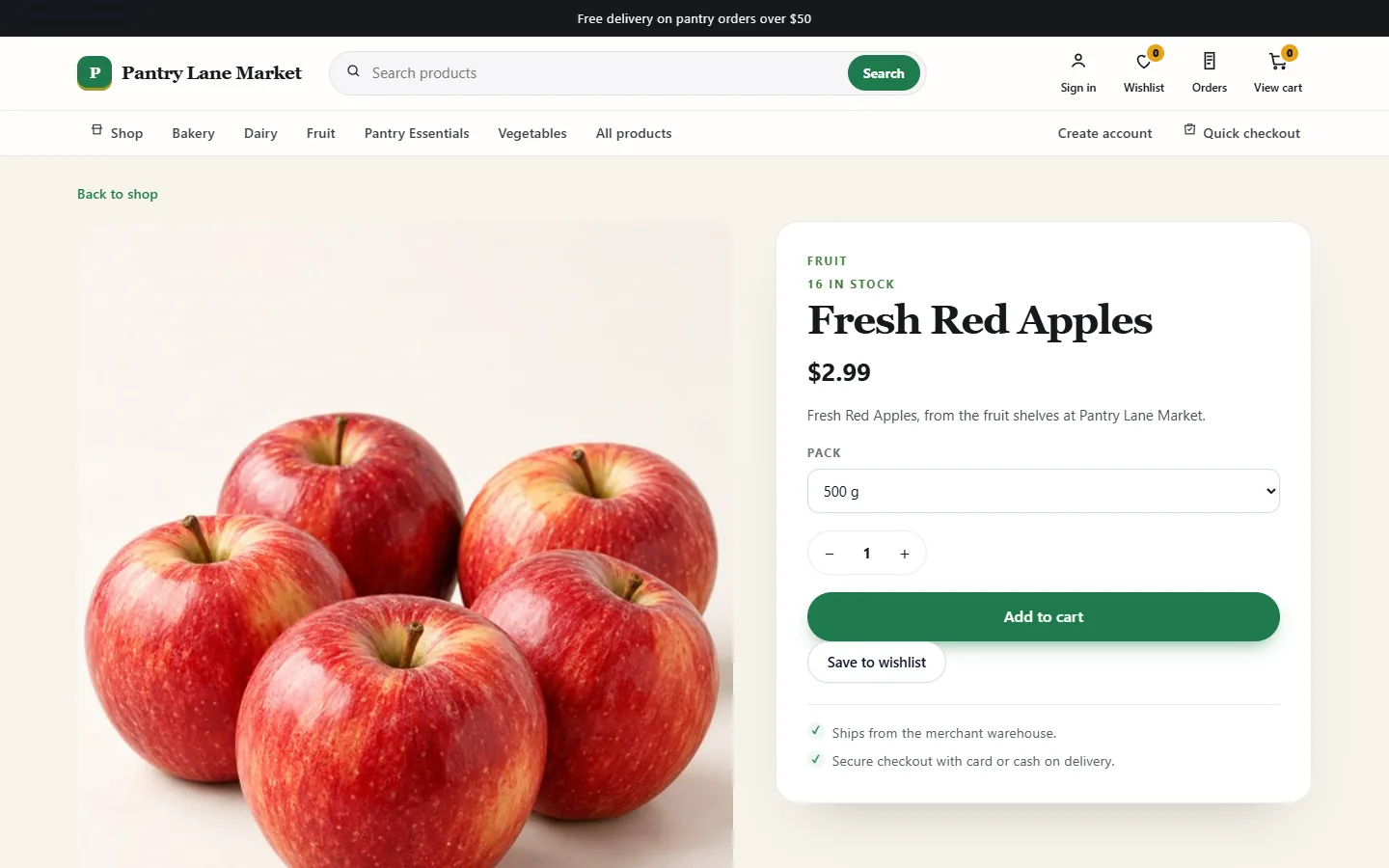 Demo store — sample products. A grocery product page with a 500 g pack selector, wishlist and add to cart.