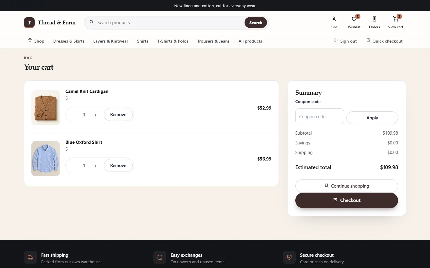 Demo store — sample products. Clothing cart with a coupon code field.