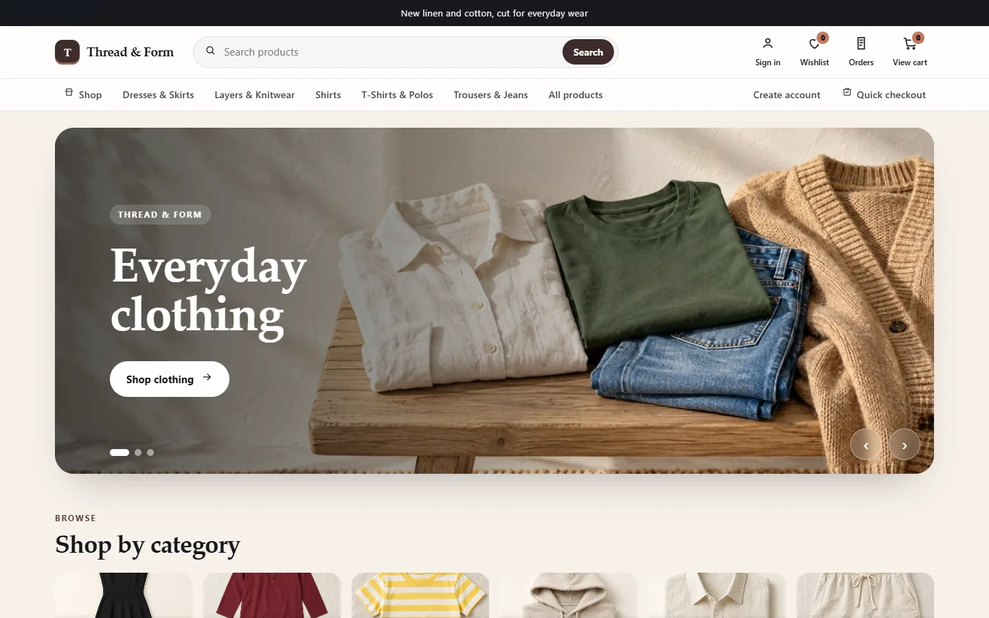 Demo store — sample products. Thread and Form clothing template.