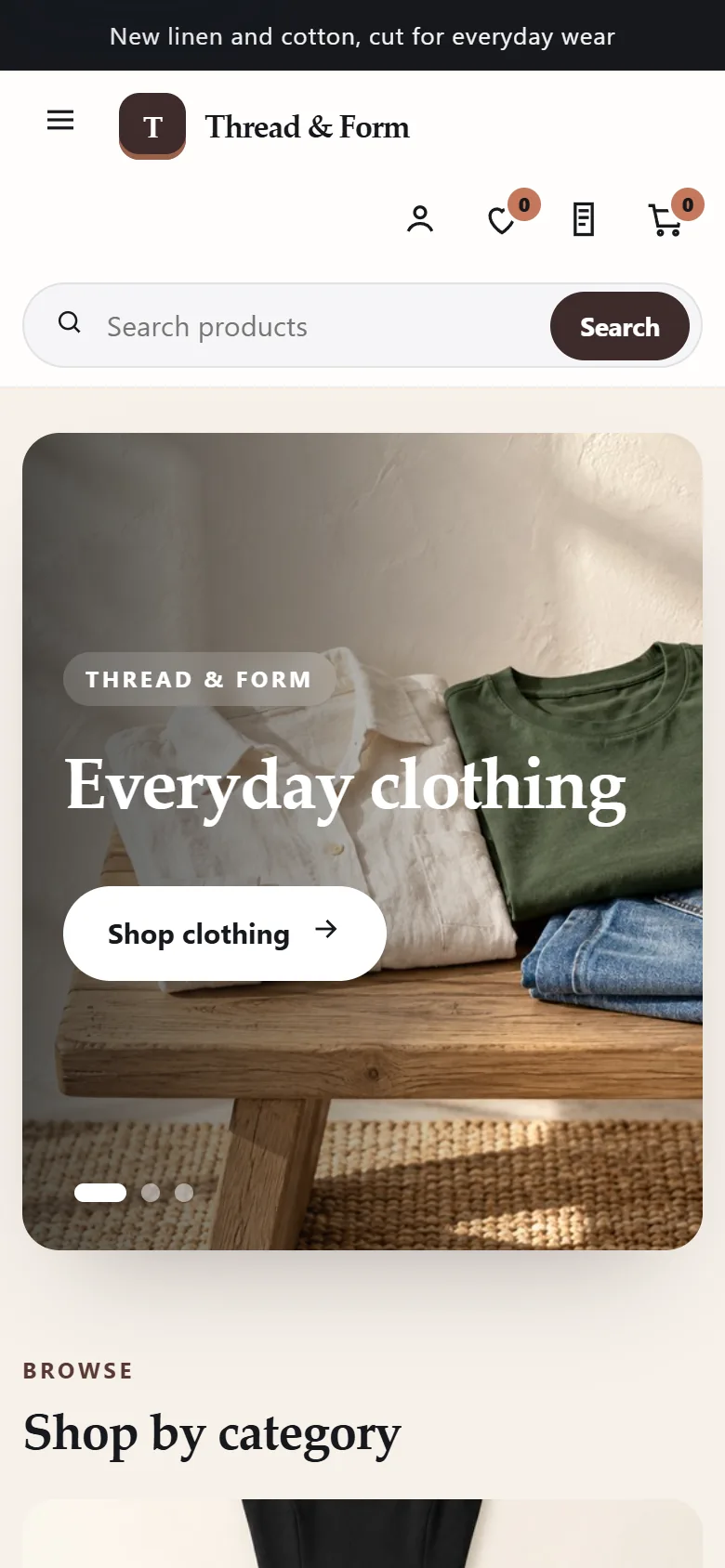Demo store — sample products. Thread and Form clothing shop in a phone-width browser.