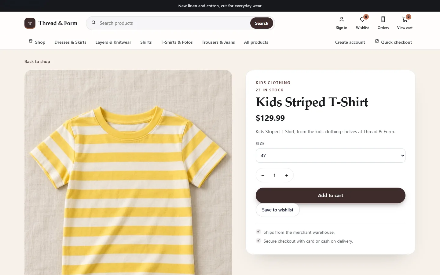 Demo store — sample products. A striped T-shirt with a size selector set to 4Y and a wishlist button.