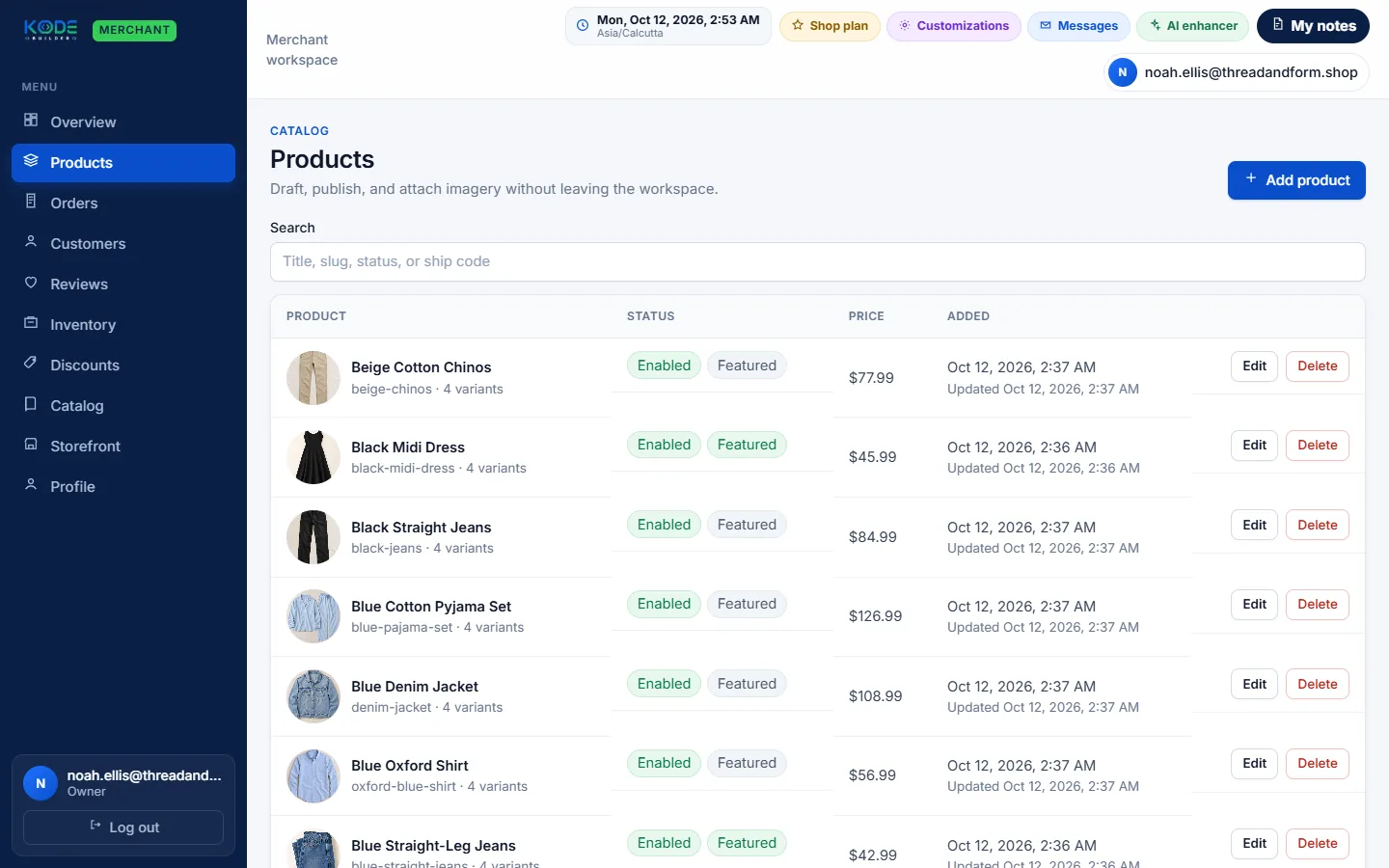 Demo store — sample products. Clothing product list in the merchant workspace.