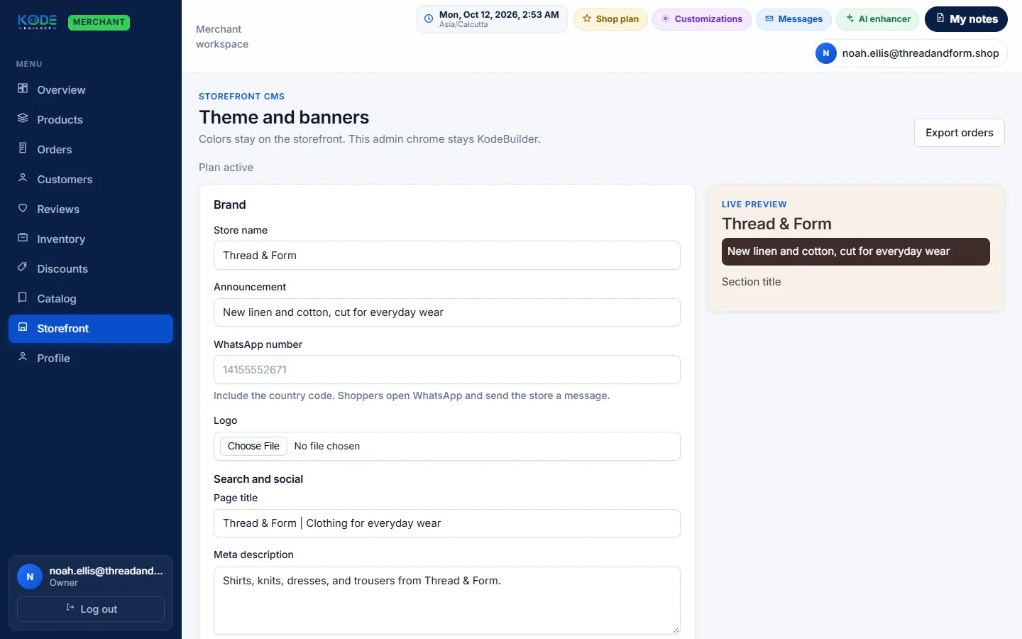 Demo store — sample products. Storefront editor with brand, announcement, logo, page title and meta description.