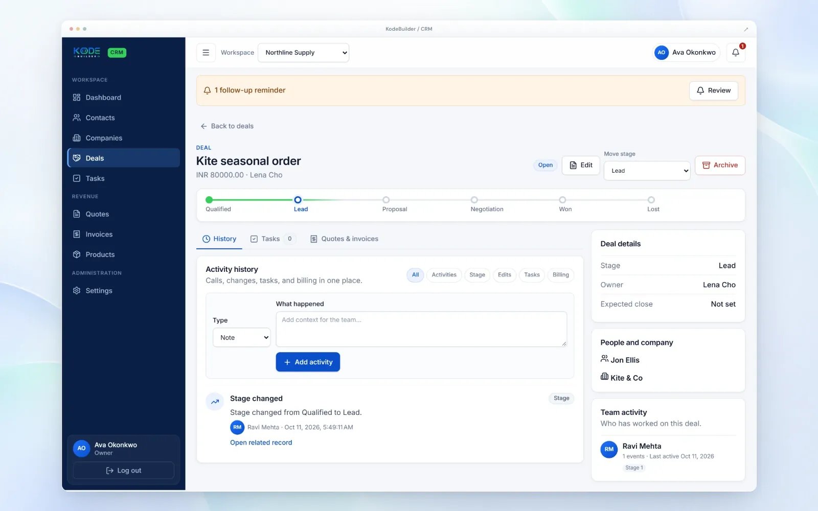 Demo company. Deal workspace with stage tracker, activity history, deal details, people and company, and team activity.