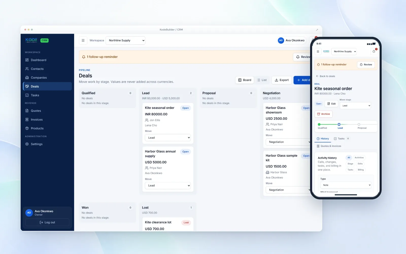 Demo company. KodeBuilder CRM pipeline board beside a deal opened on a phone.