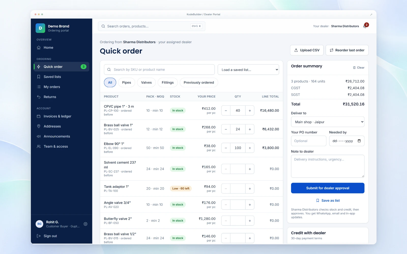 Demo brand. Retailer quick-order screen with pack sizes, stock status, retailer prices, quantities and an order summary with tax and credit.