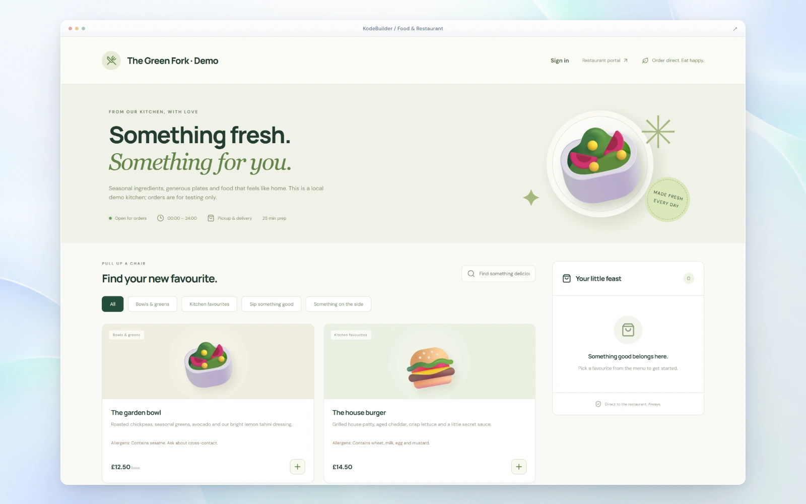 Demo restaurant. The Green Fork online ordering page with menu categories, dish cards with allergens and a basket.