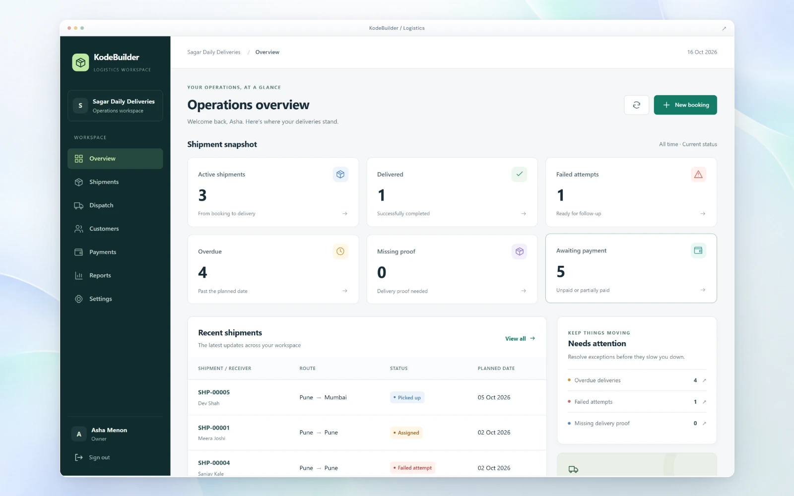 Demo delivery company. KodeBuilder Logistics operations overview with active, delivered, failed, overdue, missing-proof and awaiting-payment shipment counts.