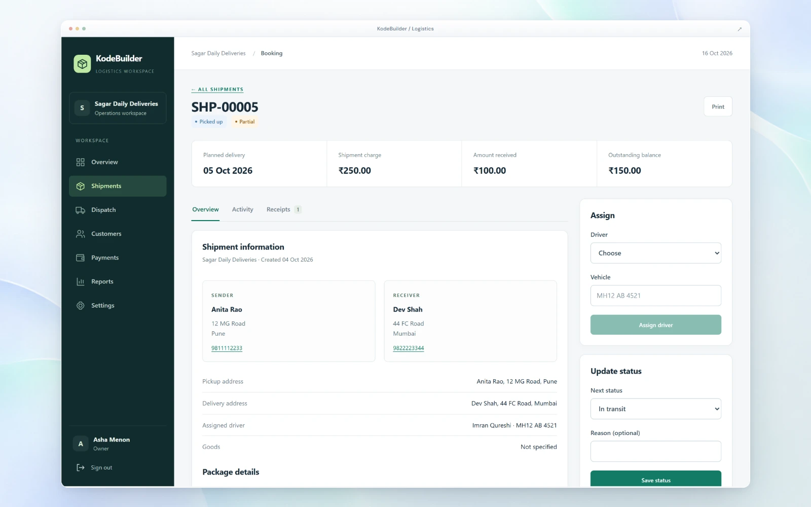 Demo delivery company. Shipment detail with sender, receiver, addresses, assigned driver, charges, amount received and outstanding balance.